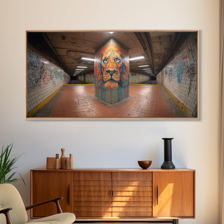 Lion Graffiti Mural In Subway Tunnel Canvas Print, Urban Street Art, Bold Animal Wall Decor, Modern Maximalist Home Decor