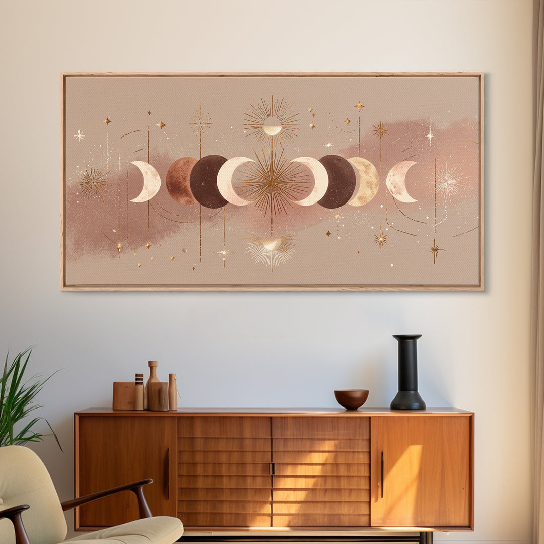 Boho Moon Phases And Radiant Sun Wall Art, Celestial Decor, Mystical Stars Print, Neutral Boho Bedroom Gallery Canvas Print