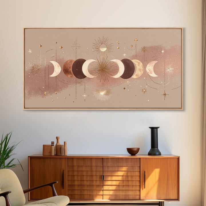 Boho Moon Phases And Radiant Sun Wall Art, Celestial Decor, Mystical Stars Print, Neutral Boho Bedroom Gallery Canvas Print
