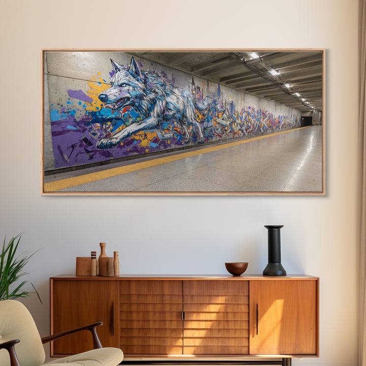 Running Wolf Graffiti Subway Mural Canvas Print, Urban Street Art Wall Art, Colorful Animal Decor, Modern Man Cave Art Gift