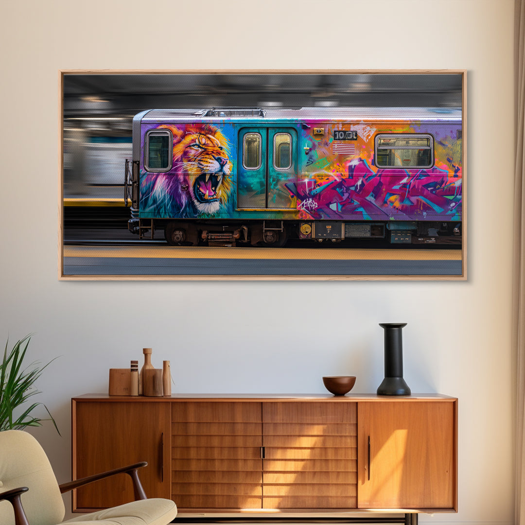 Colorful Lion Graffiti Train Canvas Print, Urban Street Art Wall Art, Dopamine Decor, Bold Pop Art Subway Photography Print