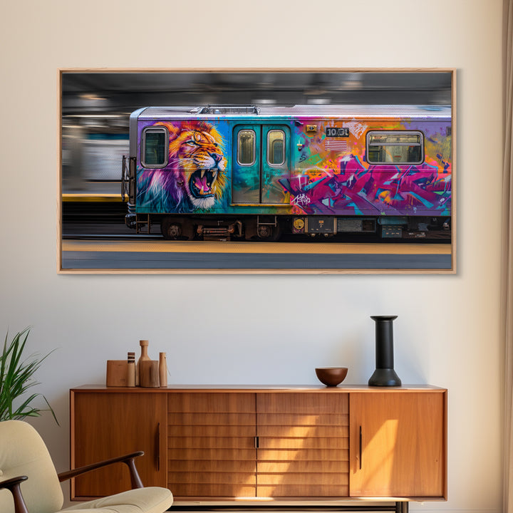 Colorful Lion Graffiti Train Canvas Print, Urban Street Art Wall Art, Dopamine Decor, Bold Pop Art Subway Photography Print
