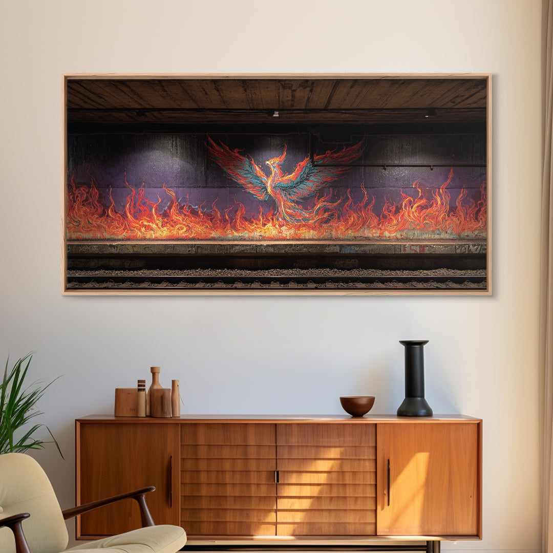 Fiery Phoenix Graffiti In Subway Tunnel Wall Art, Urban Street Art Canvas Print, Bold Industrial Decor, Modern Home Gift