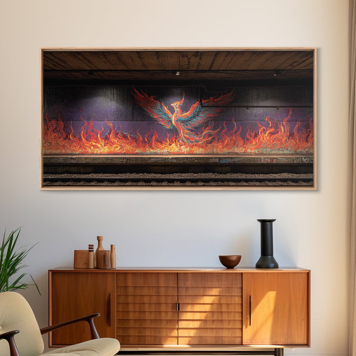 Fiery Phoenix Graffiti In Subway Tunnel Wall Art, Urban Street Art Canvas Print, Bold Industrial Decor, Modern Home Gift