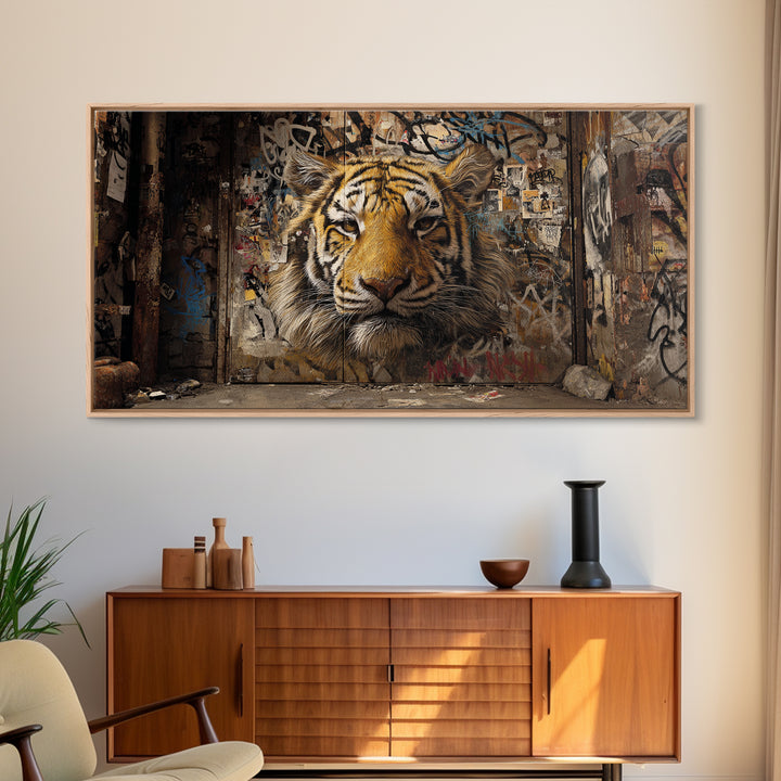 Urban Tiger Mural On Weathered Alley Wall Art, Graffiti Street Art Canvas Print, Big Cat Animal Wall Decor, Modern Home Decor