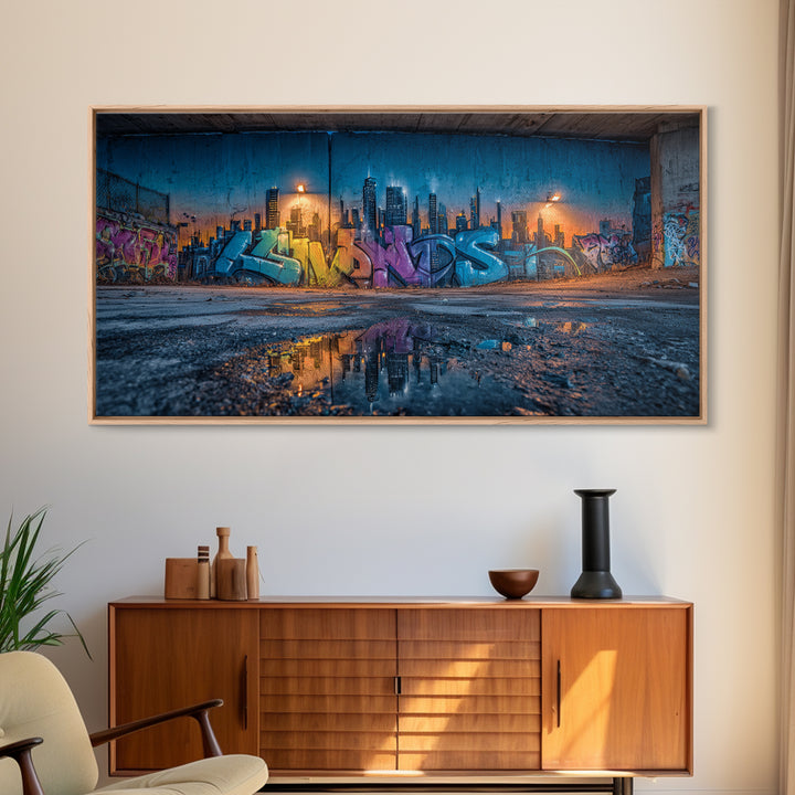 Rainy Urban Graffiti Skyline Wall Art, Street Art Canvas Print, Cyberpunk City Decor, Industrial Office Wall Decor, Modern Home Decor