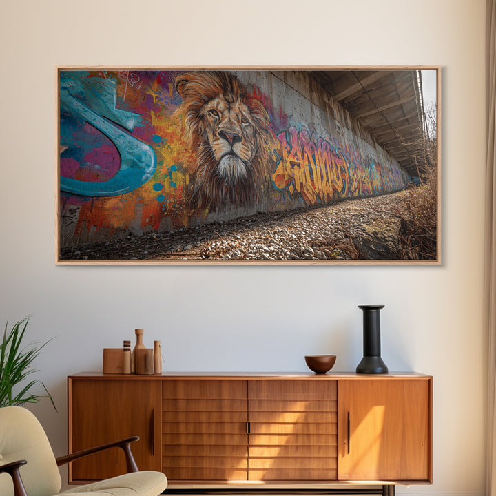 Lion Graffiti Underpass Canvas Print, Urban Street Art Wall Art, Colorful Wildlife Decor, Big Cat Mural Photography Print