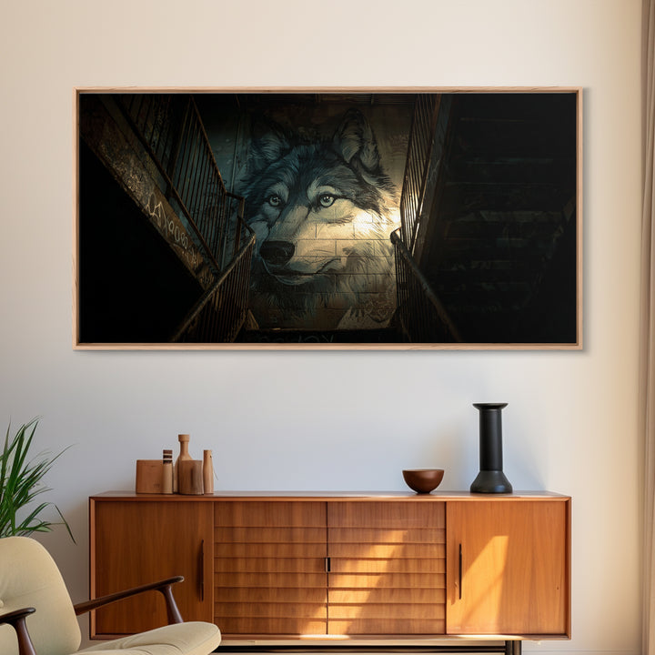 Dark Wolf Mural Stairwell Wall Art, Urban Animal Canvas Decor, Moody Graffiti Print, Masculine Office Decor Housewarming Gift For Him