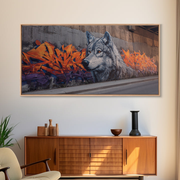 Gray Wolf Graffiti Mural Wall Art, Wildlife Street Canvas Print, Orange Urban Decor, Wolf Lover Gift, Modern Loft Apartment