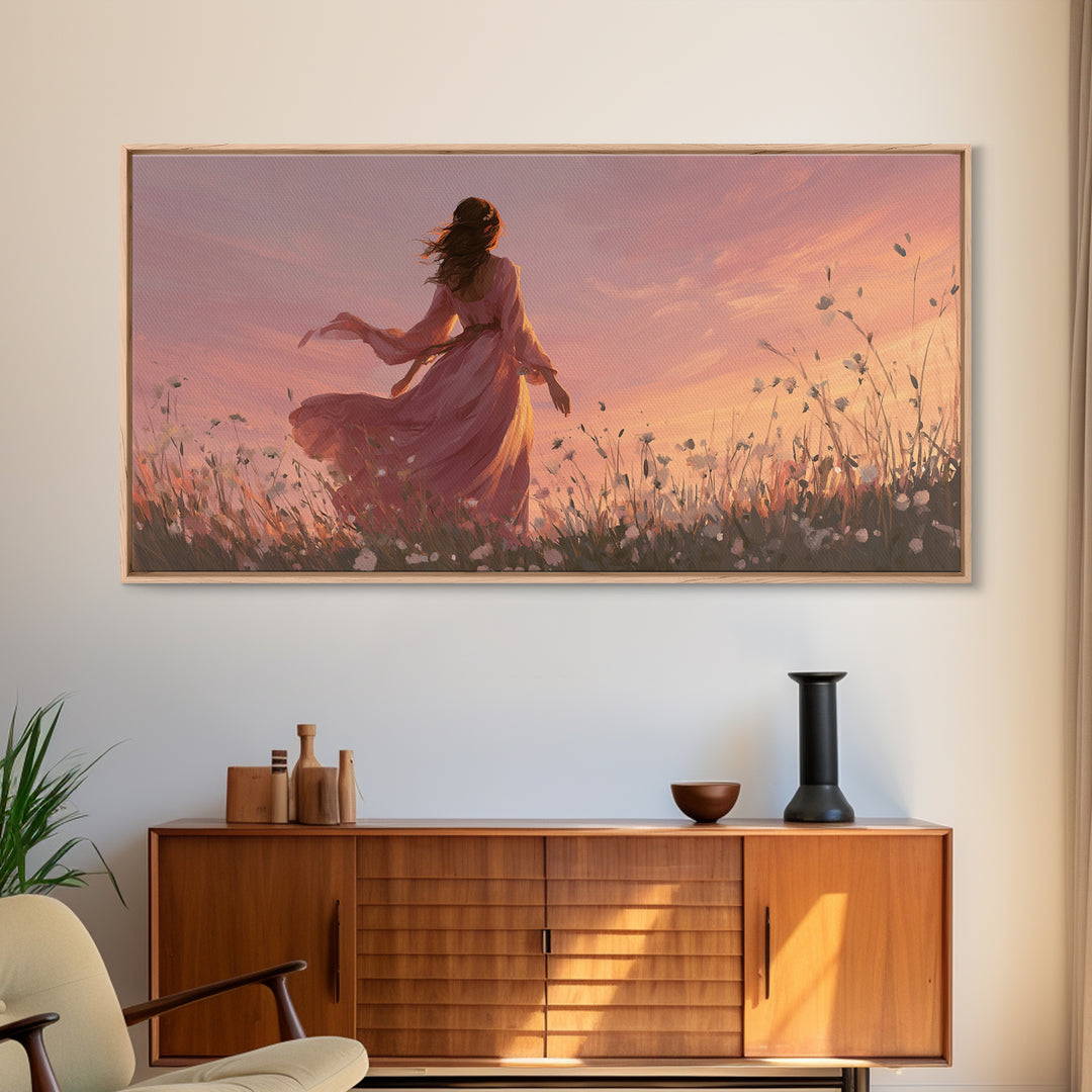 Woman In Pink Dress Sunset Meadow Canvas Print, Romantic Wall Art, Feminine Floral Decor, Dreamy Bedroom Living Room Art Gift For Her