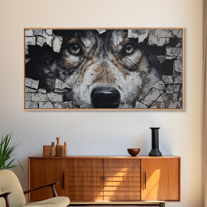 Wolf Dog Peeking Through Brick Wall Art, Rustic Animal Canvas Print, Wildlife Decor, Pet Lover Gift For Cabin Or Office Decor