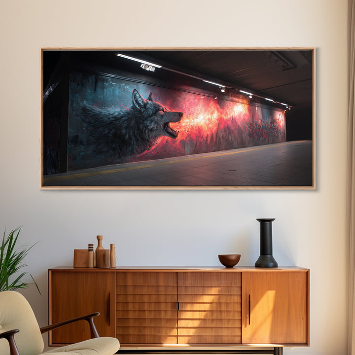 Howling Wolf Graffiti Tunnel Mural Wall Art, Urban Street Art Print, Dark Fantasy Decor, Edgy Man Cave Canvas For Living Room Decor