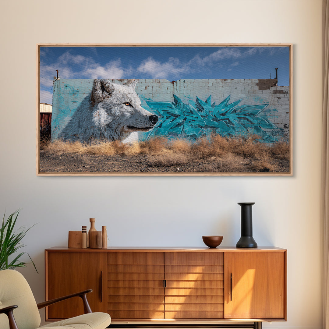 White Wolf Graffiti Mural On Weathered Wall Art, Urban Wildlife Canvas Print, Southwestern Street Decor, Animal Lover Gift