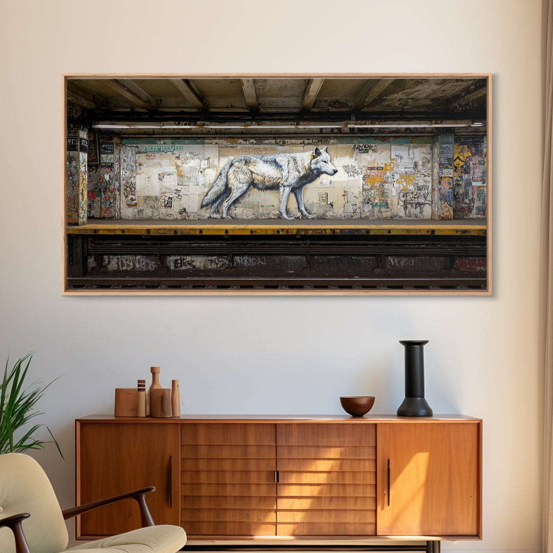 White Wolf Subway Graffiti Wall Art, Urban Animal Canvas Print, Gritty Street Art For Loft Office And Man Cave Decor Gift