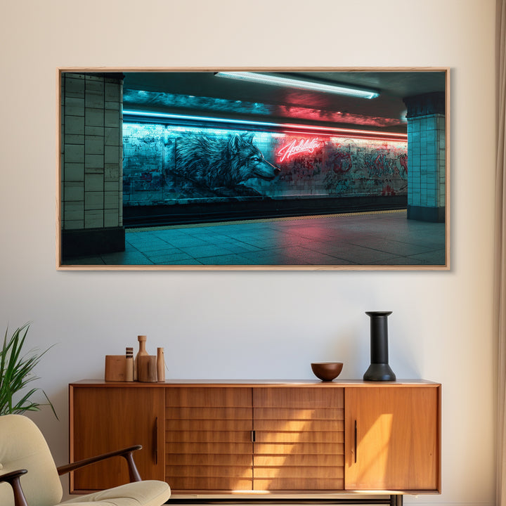 Neon Wolf Mural In Subway Station Wall Art, Urban Animal Street Art Print, Blue Red Graffiti Decor For Modern Loft Home Decor