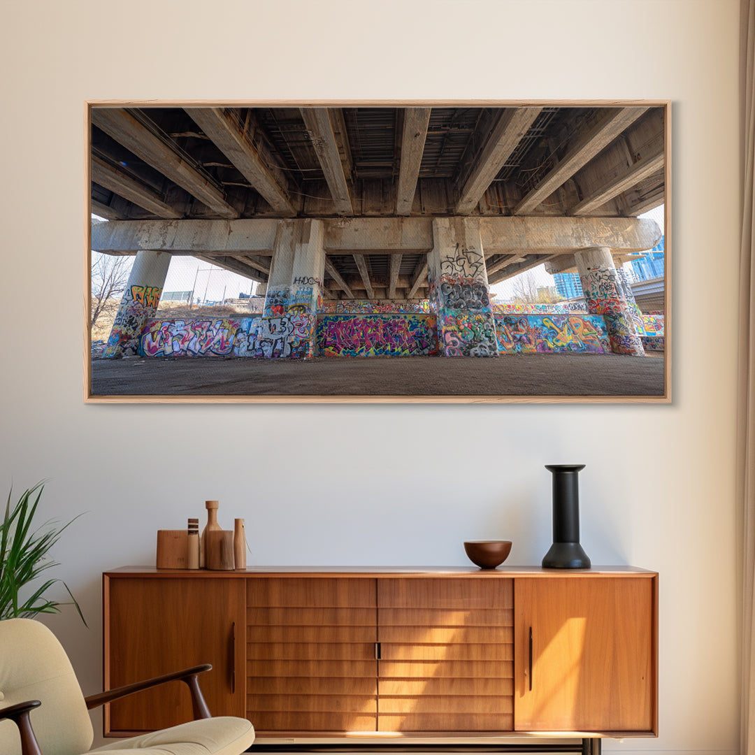 Colorful Graffiti Under Urban Bridge Wall Art, Street Art Photography Print, Modern Office Decor, Industrial City Poster