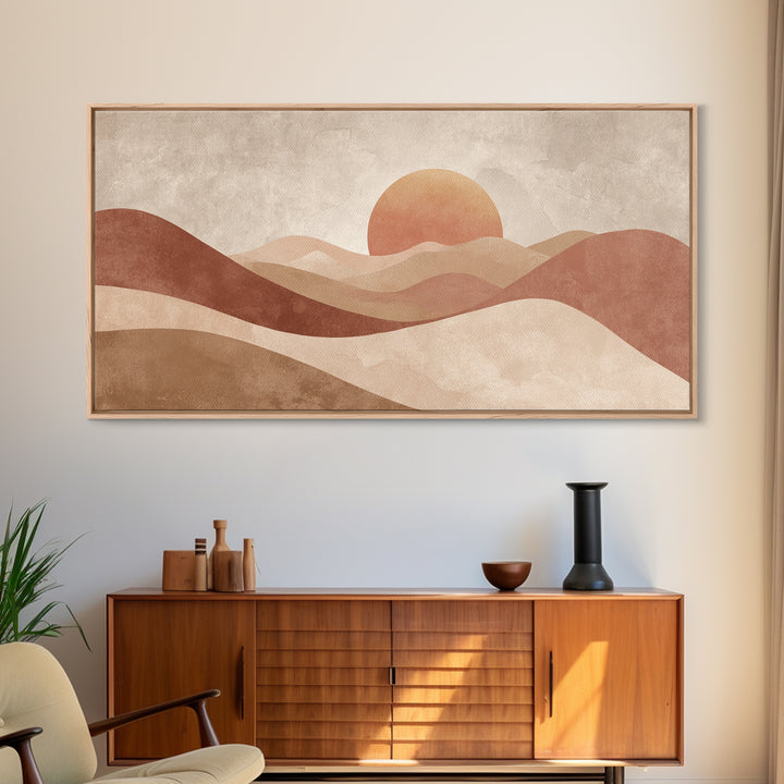 Minimalist Desert Sun And Dunes Canvas Print, Earth Tone Wall Art, Neutral Landscape Decor, Large Boho Living Room Art Print