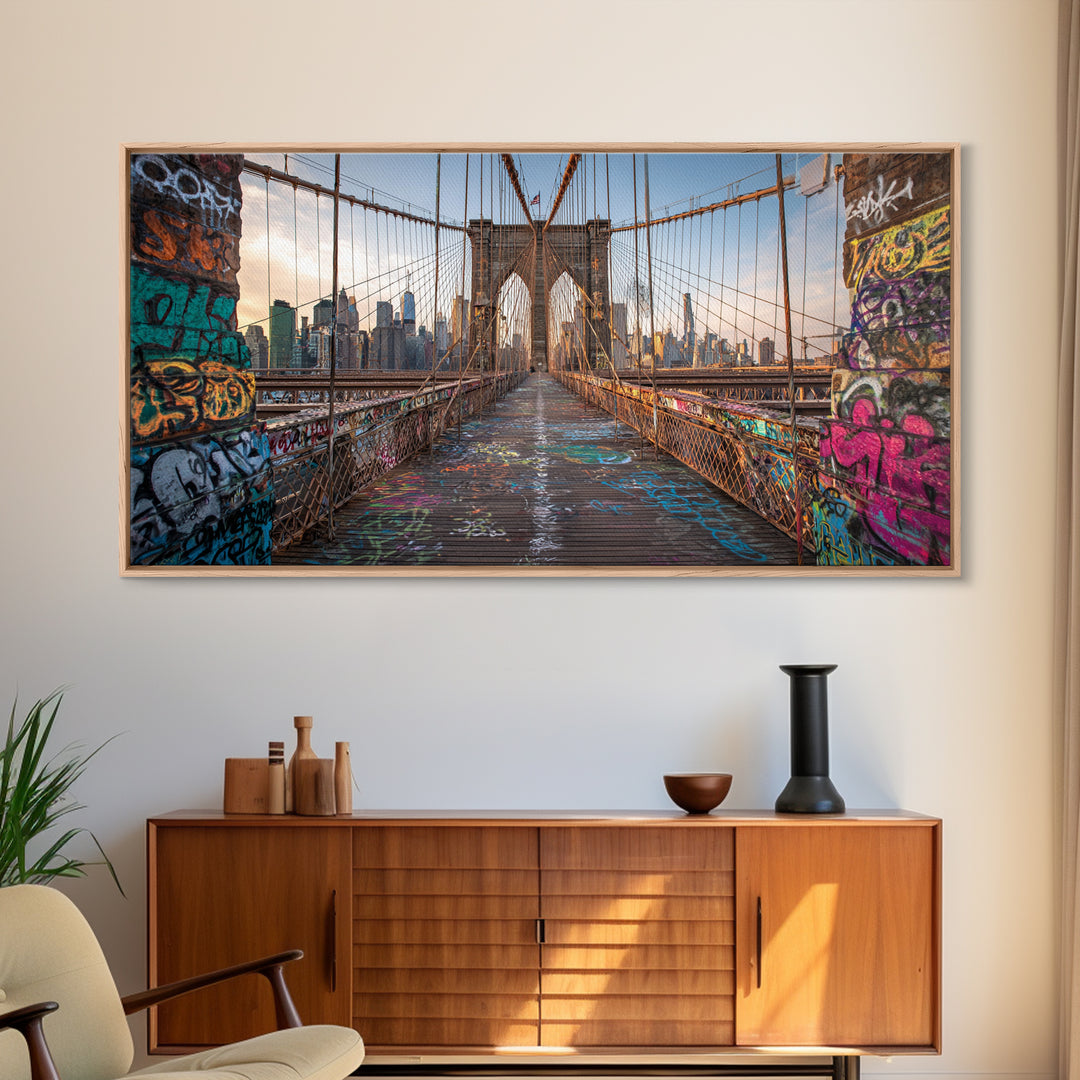 Brooklyn Bridge Graffiti Wall Art, New York City Canvas Print, Urban Street Art Decor, Industrial Loft Travel Poster Print