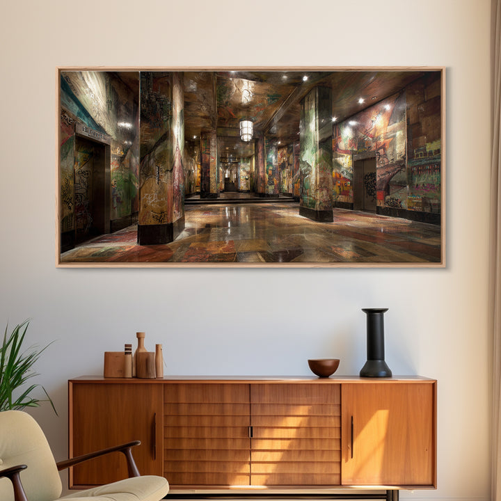 Graffiti Covered Underground Corridor Wall Art, Industrial Urban Canvas Print, Street Art Decor, Edgy Office Wall Decor