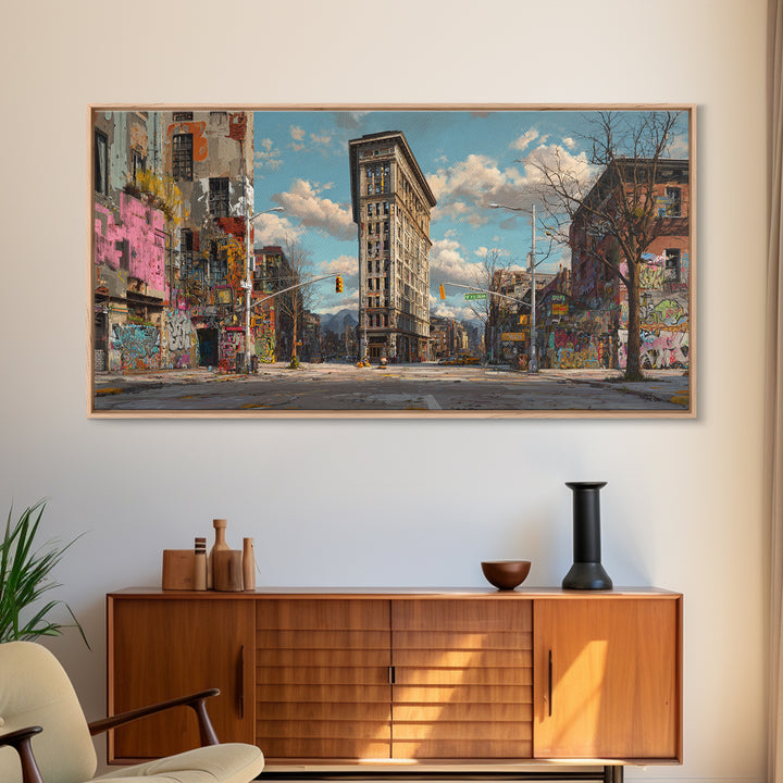 Flatiron City Street Wall Art, Urban Landscape Canvas Print, Graffiti Building Decor, New York Style Apartment Gift For Him
