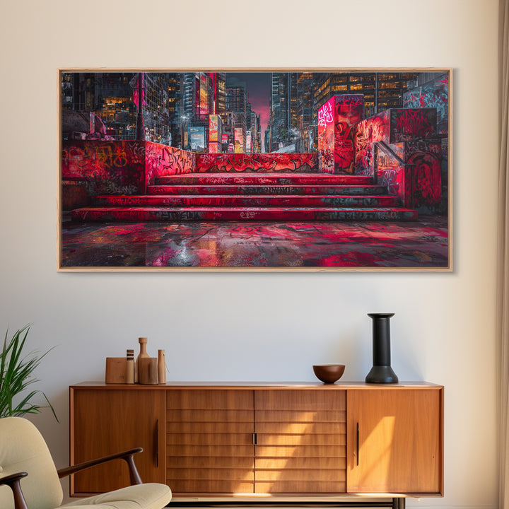 Neon Graffiti City Steps Wall Art, Cyberpunk Urban Street Art Print, Red Futuristic Decor For Gaming Room Or Loft Apartment Home Decor