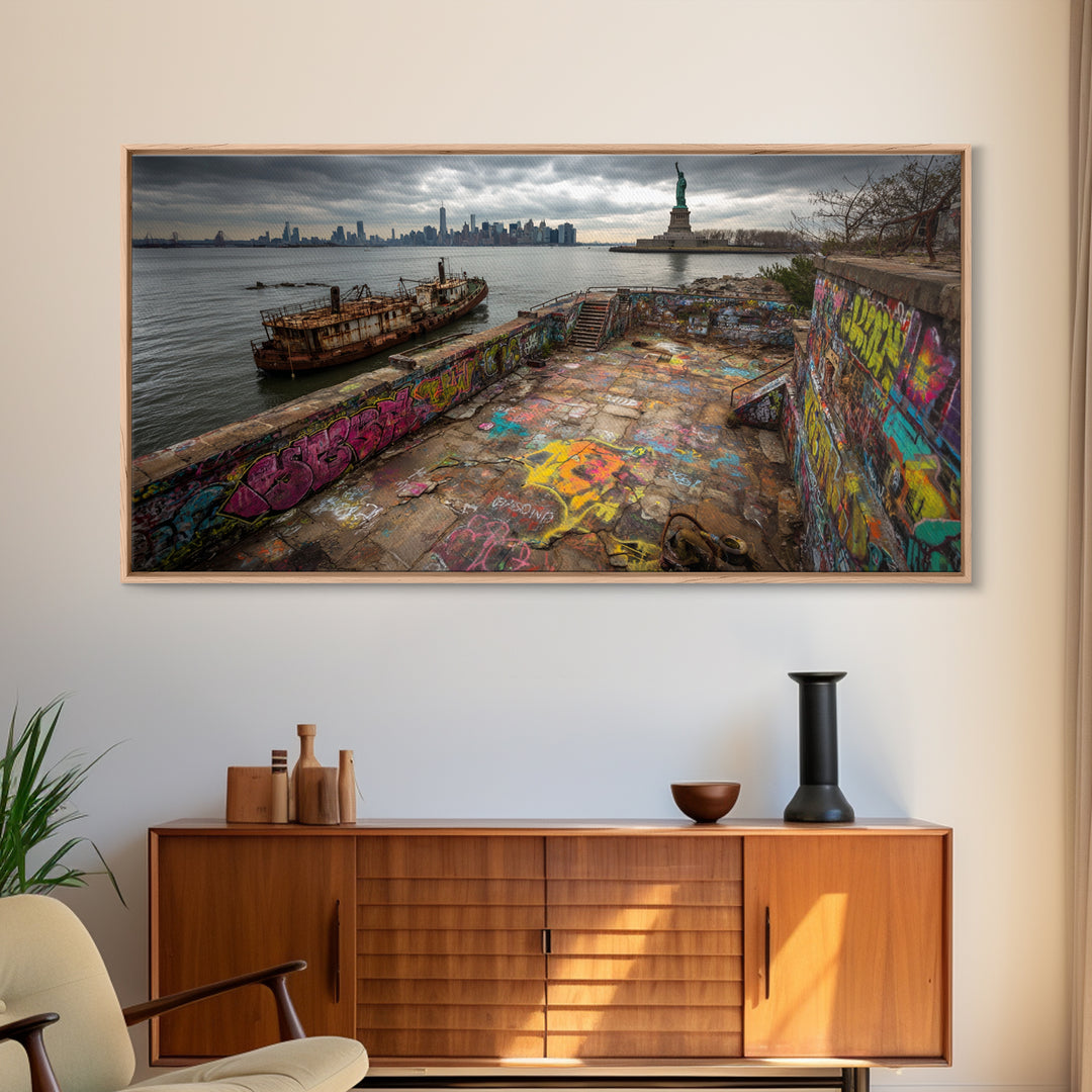 Statue Of Liberty Graffiti Pier Cityscape Wall Art, New York Travel Poster Canvas Print, Urban Coastal Decor, Gift For Him