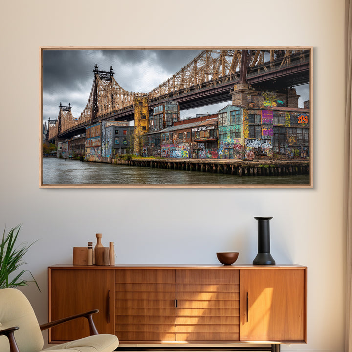 Graffiti Covered City Bridge Waterfront Framed Canvas Print, Urban Wall Art, NYC Art Print, Industrial Office Decor, Travel Poster