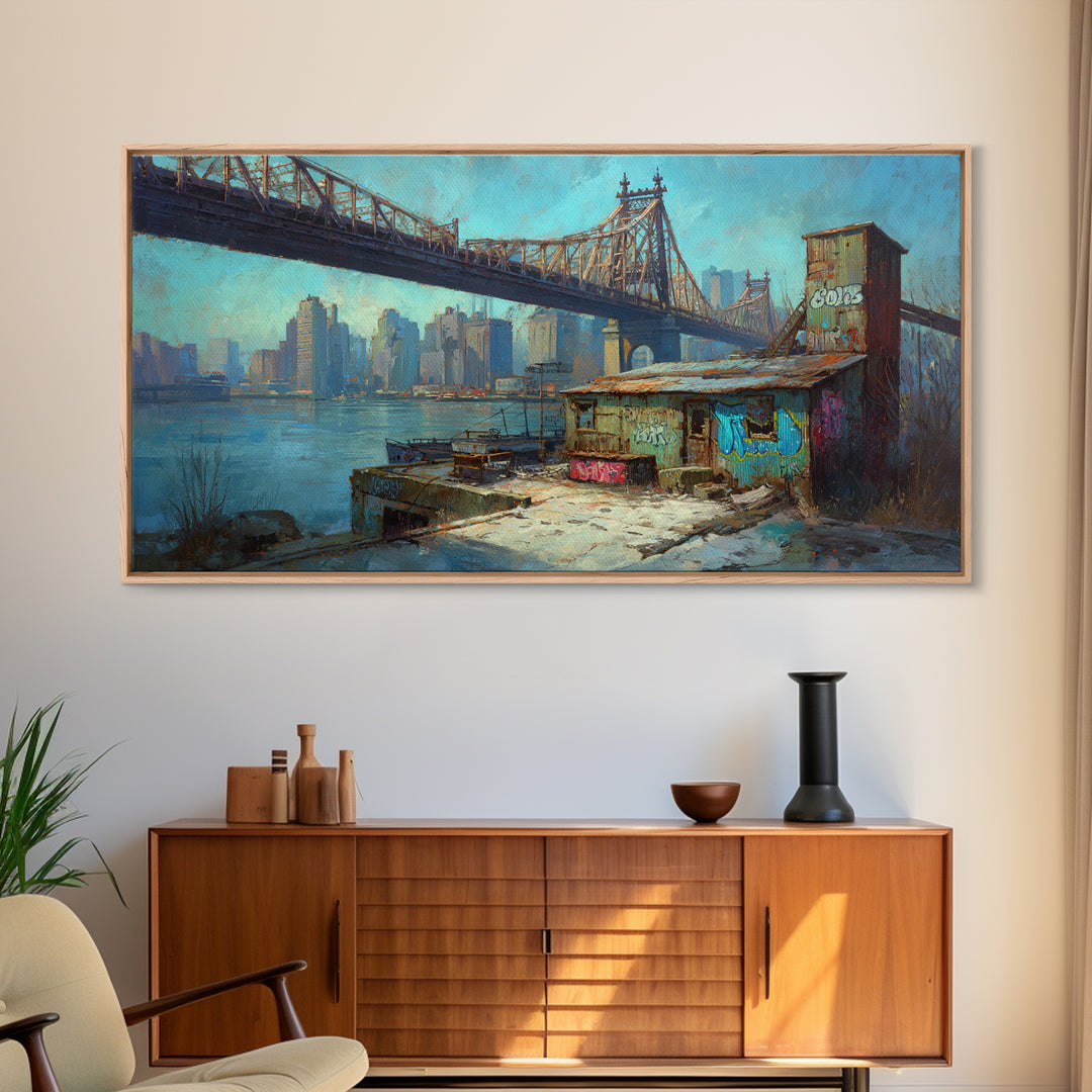 Queensboro Bridge Urban Waterfront Wall Art, NYC Cityscape Canvas Print, Industrial Loft Decor For Office And Living Room Decor