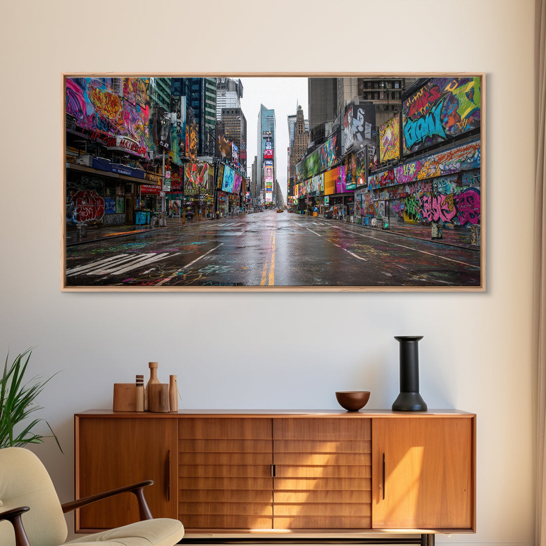 Rainy Neon Graffiti City Street Wall Art, Urban Canvas Print, New York Poster, Street Art Decor, Modern Office Decor, Gift For Him