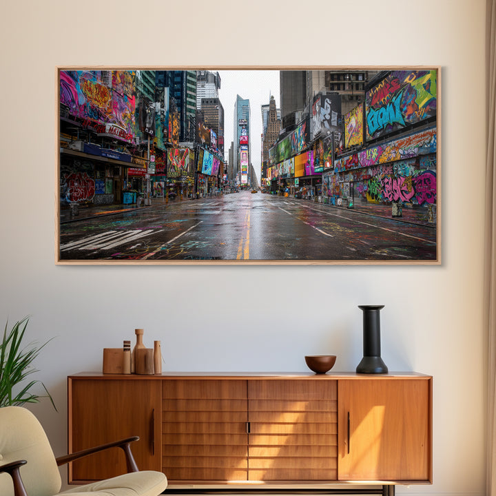 Rainy Neon Graffiti City Street Wall Art, Urban Canvas Print, New York Poster, Street Art Decor, Modern Office Decor, Gift For Him