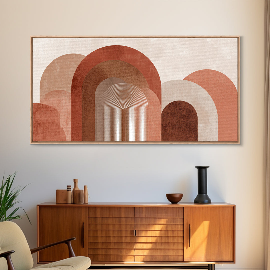 Terracotta Abstract Arches Framed Canvas Print, Mid Century Modern Wall Art, Neutral Boho Decor, Large Statement Artwork