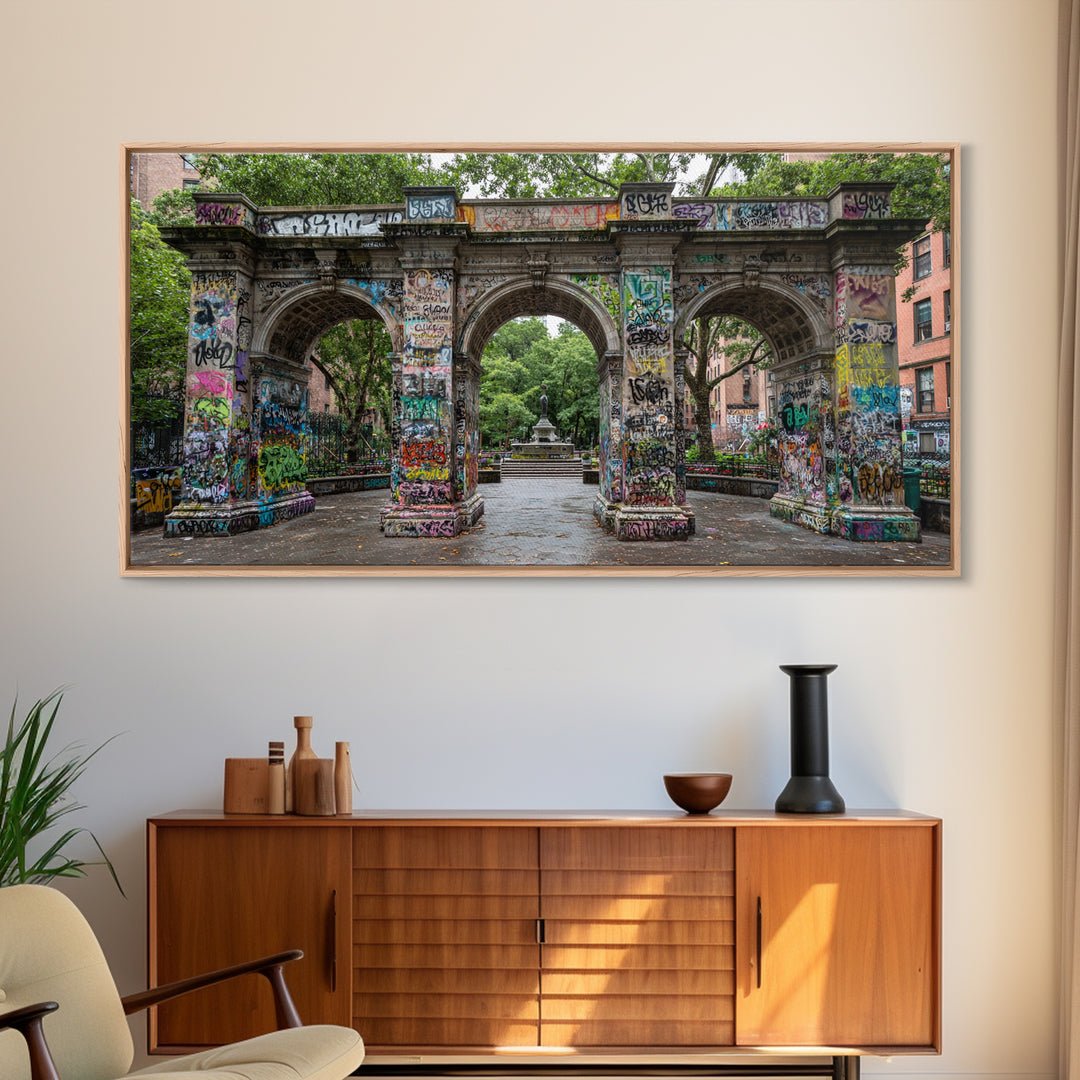 Graffiti Covered Stone Arch Wall Art, Urban Park Framed Canvas Print, NYC Street Art, Eclectic Apartment Decor Gift For Him