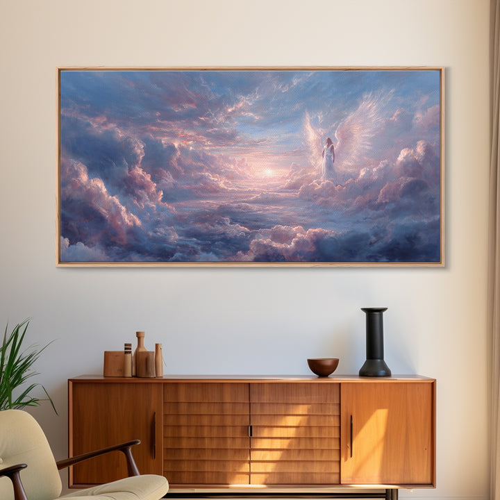 Angel In Pastel Heaven Clouds Framed Canvas Print, Dreamy Celestial Wall Art, Spiritual Sky Home Decor, Serene Gift For Her