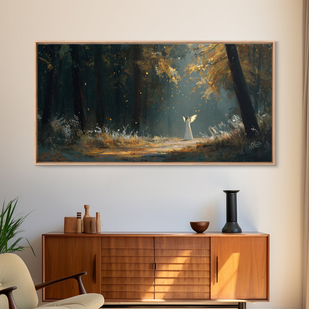 White Figure In Sunlit Autumn Forest Wall Art, Fantasy Landscape Print, Dark Woodland Decor, Mystical Nature Painting, Fine Art Print