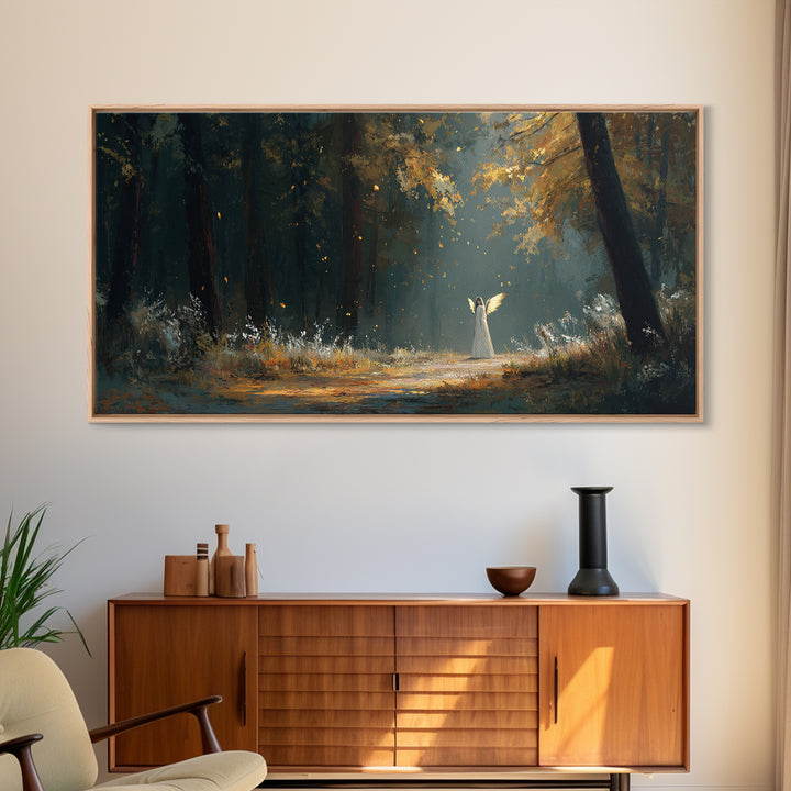 White Figure In Sunlit Autumn Forest Wall Art, Fantasy Landscape Print, Dark Woodland Decor, Mystical Nature Painting, Fine Art Print