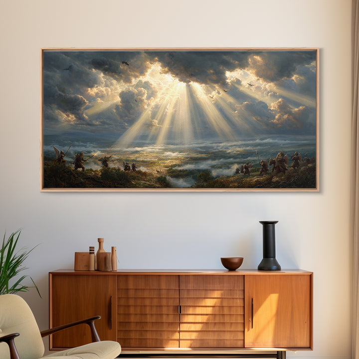 Heavenly Battlefield Canvas Print, Angelic Sun Rays Wall Art, Epic Soldiers Landscape, Christian Home Decor For Living Room