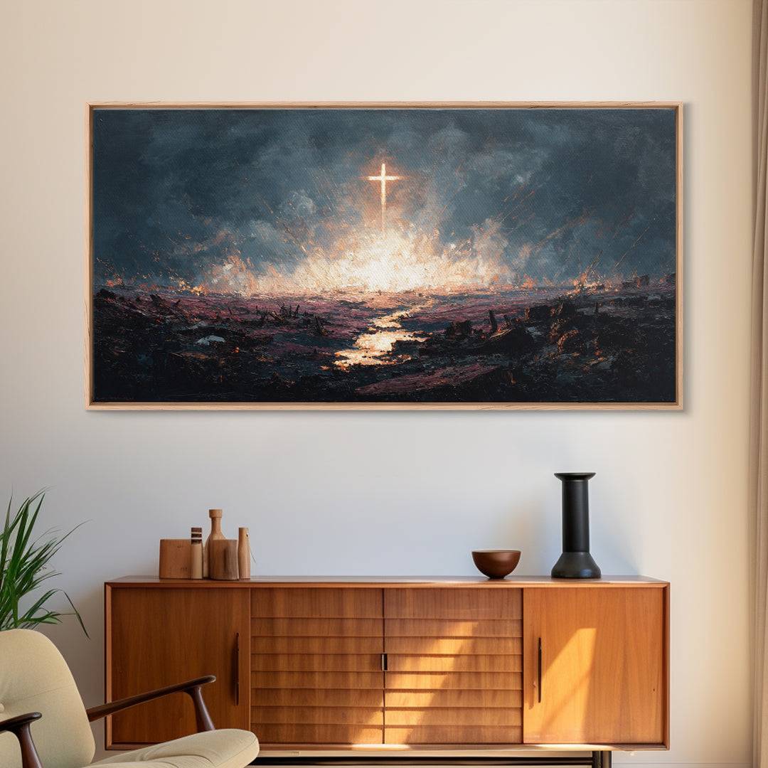 Glowing Cross Over Stormy Battlefield Framed Canvas Print, Christian Wall Art, Dramatic Faith Decor, Prayer Room Gift Idea