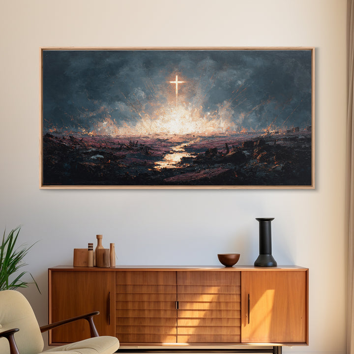 Glowing Cross Over Stormy Battlefield Framed Canvas Print, Christian Wall Art, Dramatic Faith Decor, Prayer Room Gift Idea