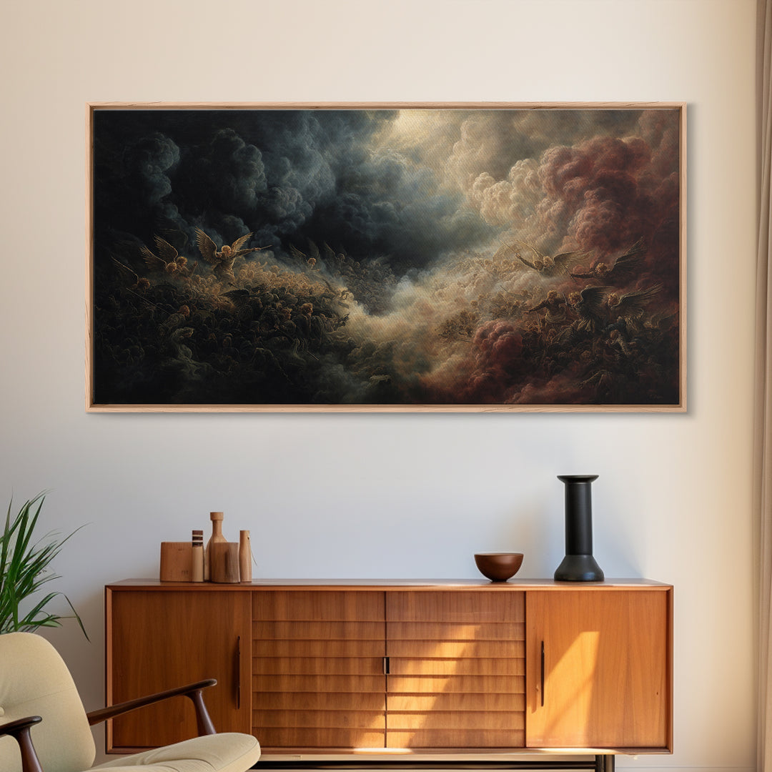 Dark Angel Battle In Storm Clouds Wall Art, Biblical Fantasy Painting, Dramatic Gothic Decor, Religious Fine Art Print Gift