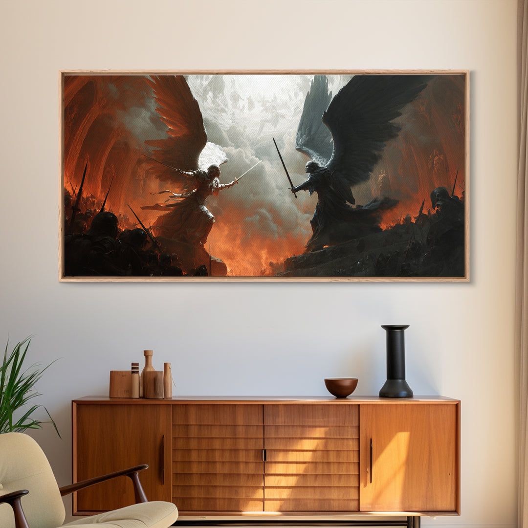 Angels And Demons Battle Wall Art, Dark Fantasy Framed Canvas Print, Epic Gothic Decor For Game Room Or Man Cave Wall Decor