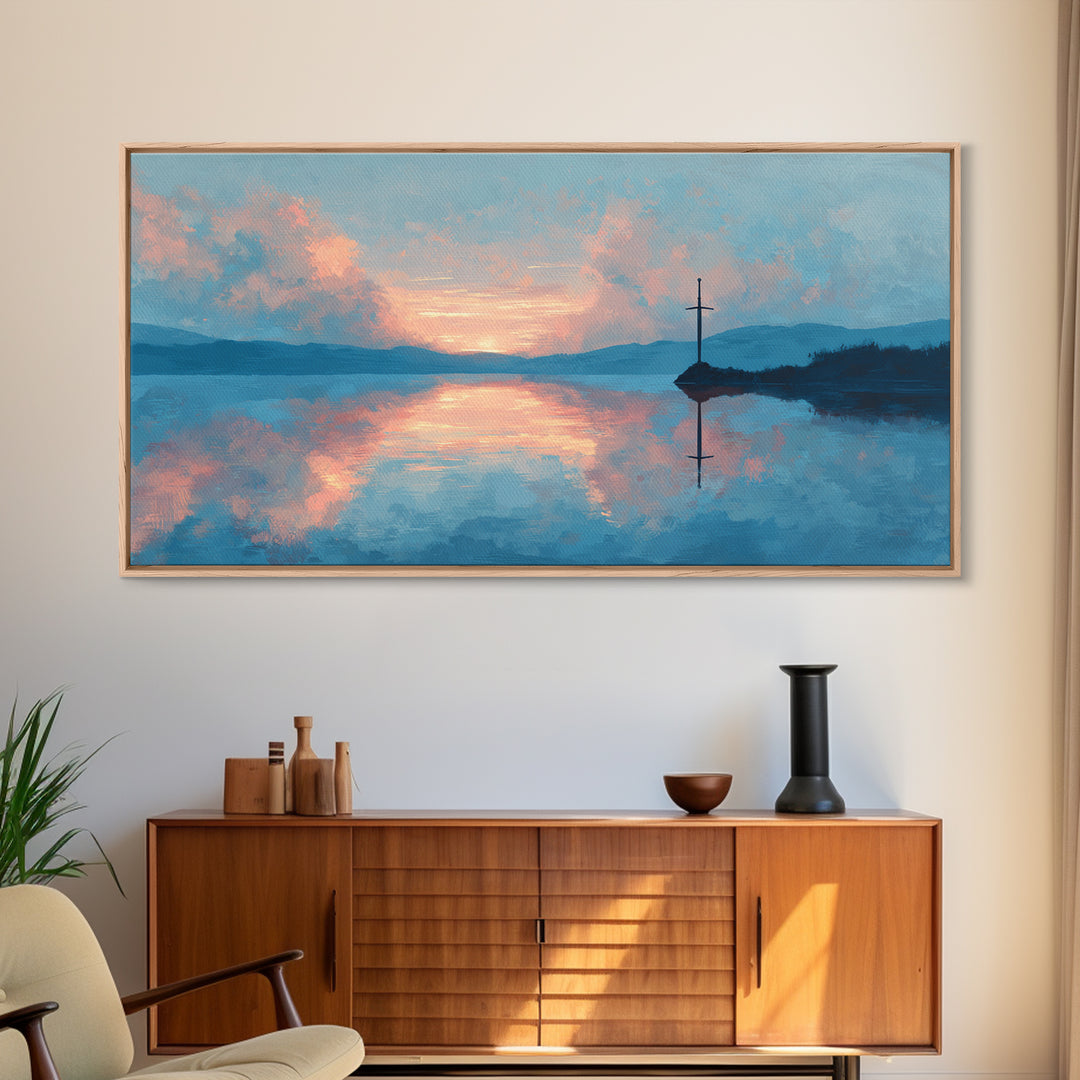 Pastel Lake Sunrise With Quiet Cross Wall Art, Landscape Painting, Christian Wall Decor, Calming Bedroom Art, Nature Gift