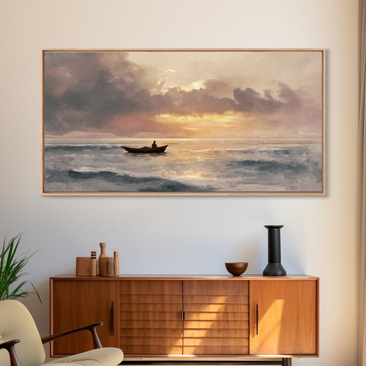 Solitary Fishing Boat At Golden Sunrise Canvas Print, Coastal Wall Art, Ocean Painting, Seascape Decor, Living Room Art Gift