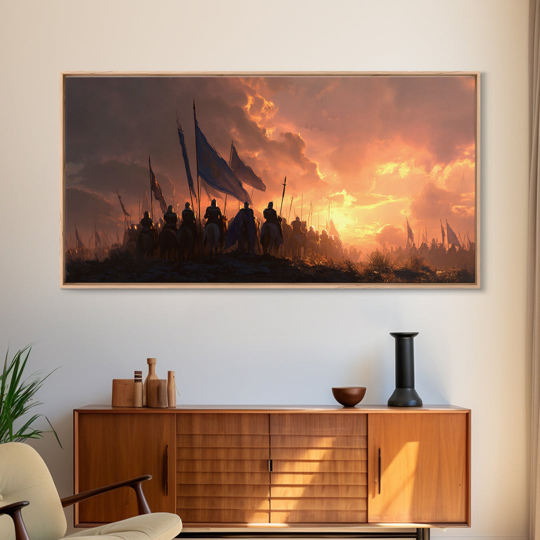 Medieval Cavalry At Fiery Sunset Wall Art, Epic Fantasy Battle Canvas Print, Knight Army Landscape Art, Gift For Him, Man Cave Decor