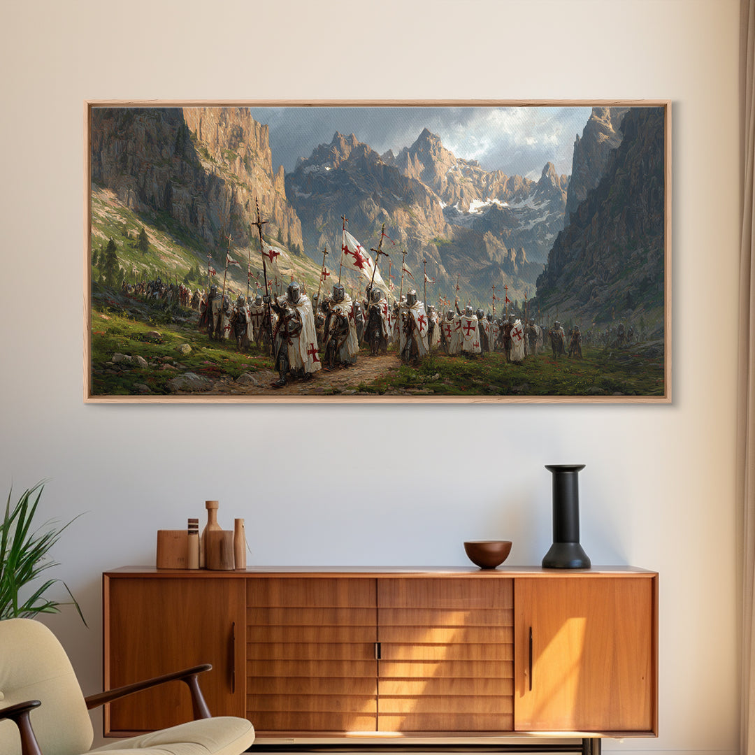 Knights In Mountain Valley Wall Art, Medieval Crusader Canvas Print, Epic Fantasy Battle Decor, Historical Artwork Gift For Him