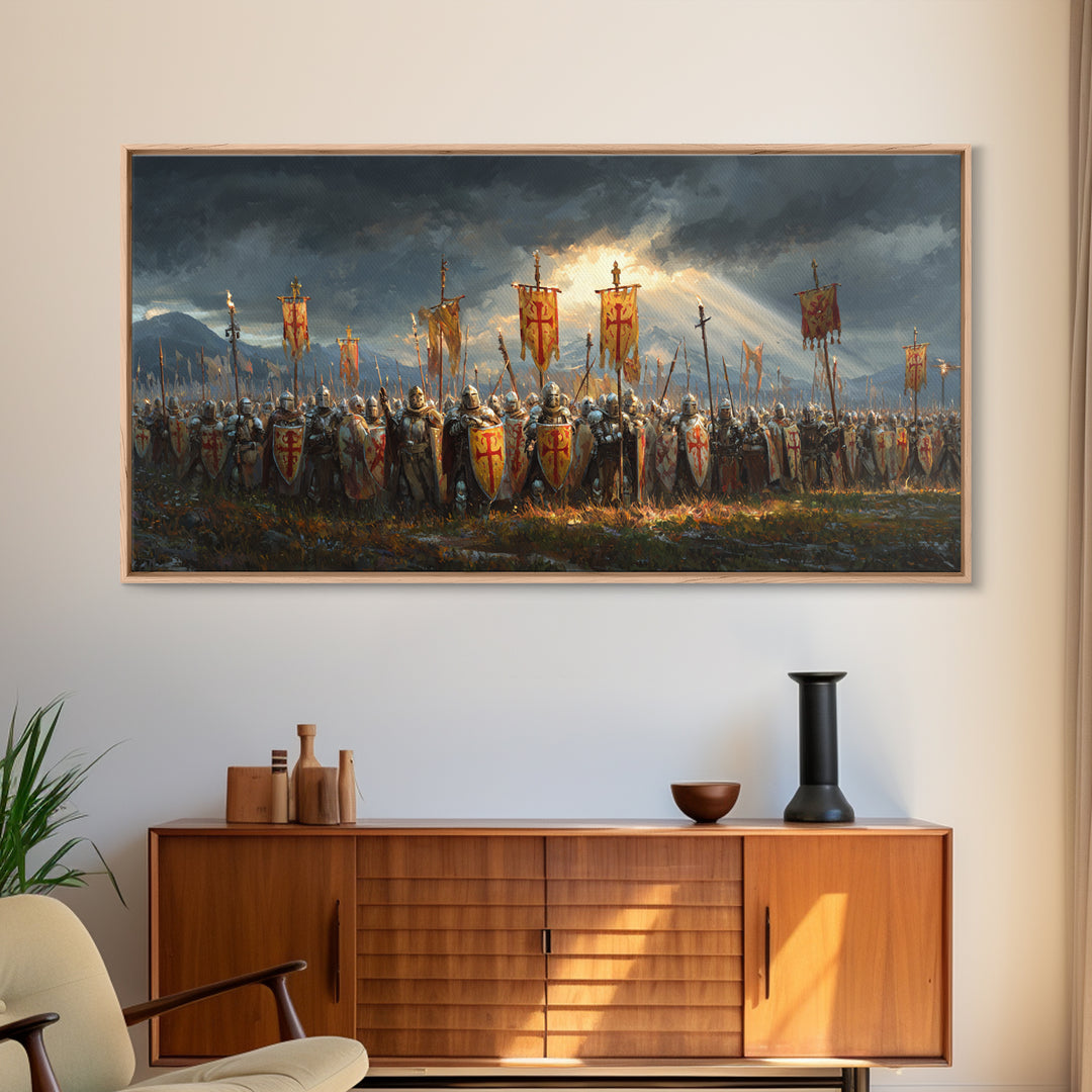 Medieval Knights Army With Red Banners Framed Canvas Print, Crusader Battle Wall Art, Historical Fantasy Decor Gift For Him
