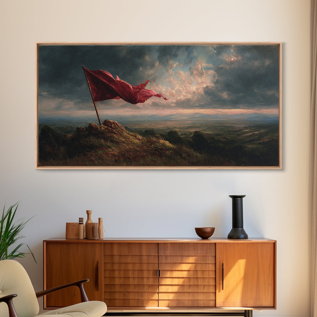 Red Flag Stormy Mountain Canvas Print, Dramatic Landscape Wall Art, Moody Rustic Decor, Patriotic Banner Art Print Gift For Him