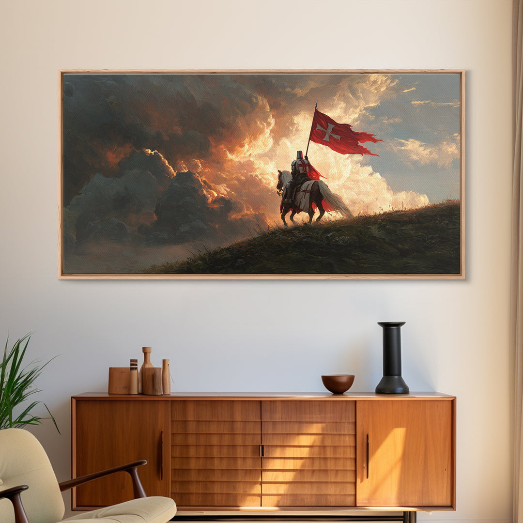 Medieval Knight With Red Banner Wall Art, Fantasy Warrior Canvas Print, Dramatic Battle Scene, Gothic Castle Decor Gift For Him