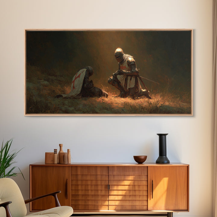 Kneeling Knight Beside Fallen Comrade Wall Art, Medieval Templar Painting, Chivalry Decor, Historical Canvas Print, Gift For Him