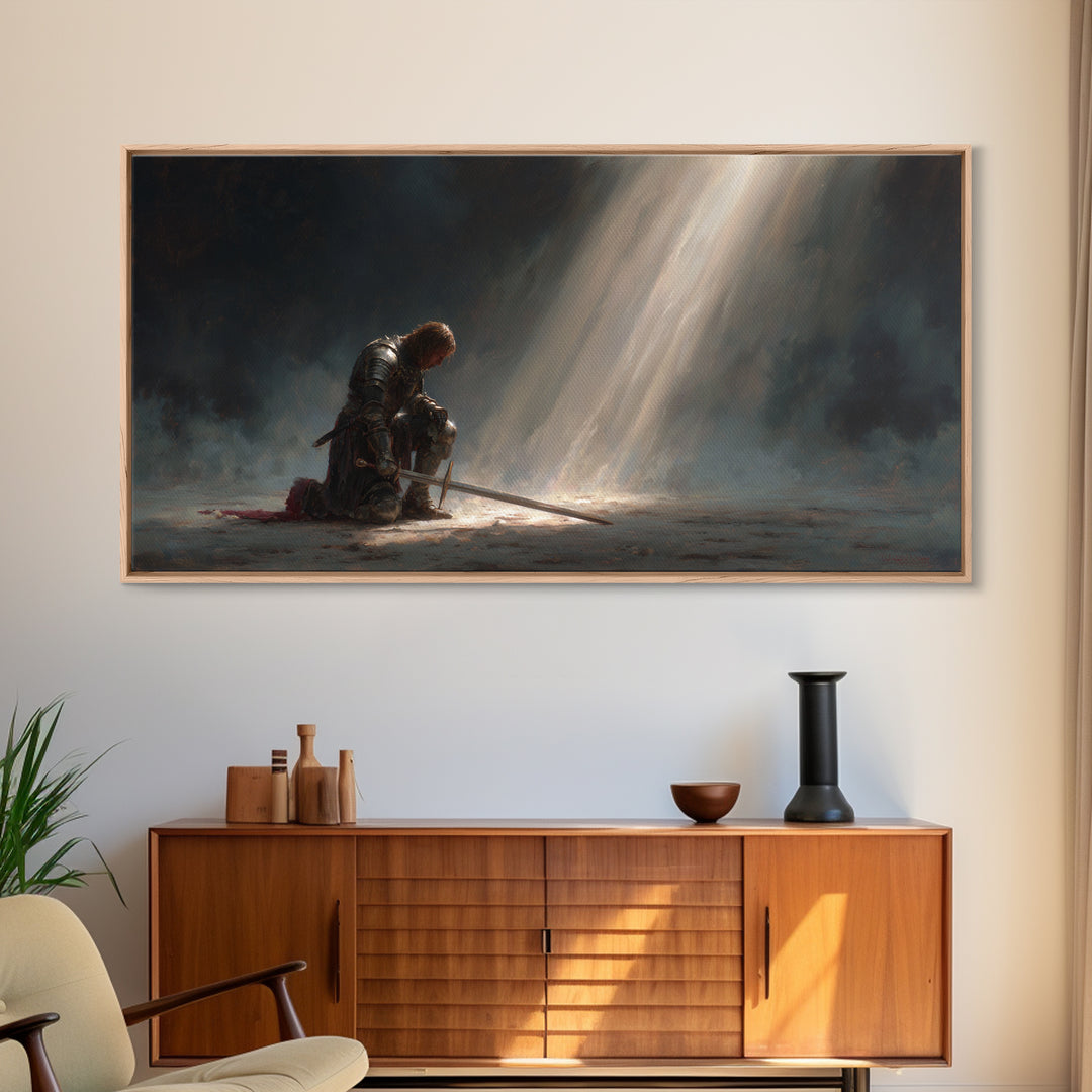 Solitary Knight Kneeling In Divine Light Canvas Print, Medieval Prayer Wall Art, Templar Office Decor, Spiritual Gift For Him