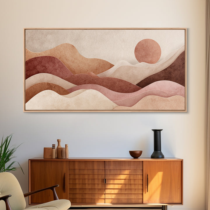 Mauve Terracotta Abstract Mountain Sun Wall Art, Wavy Desert Landscape Canvas Print, Neutral Boho Decor, Large Above Bed Art